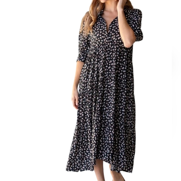Natural Life Dress Women's XL Midi Black Ditsy Floral Cottagecore - Picture 2 of 11